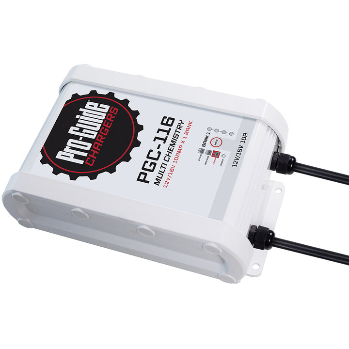 Pro-Guide Batteries 12V/16V 10-Amp Bank On-Board Battery Charger for automotive use, showing the charger unit and connection cables.