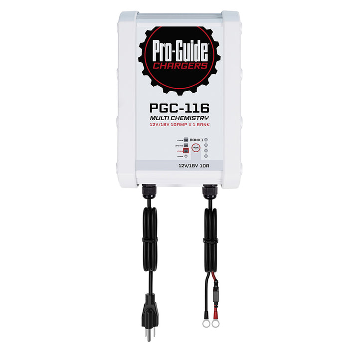 Pro-Guide Batteries 12V/16V 10-Amp Bank On-Board Battery Charger, compact and durable for vehicle battery charging.