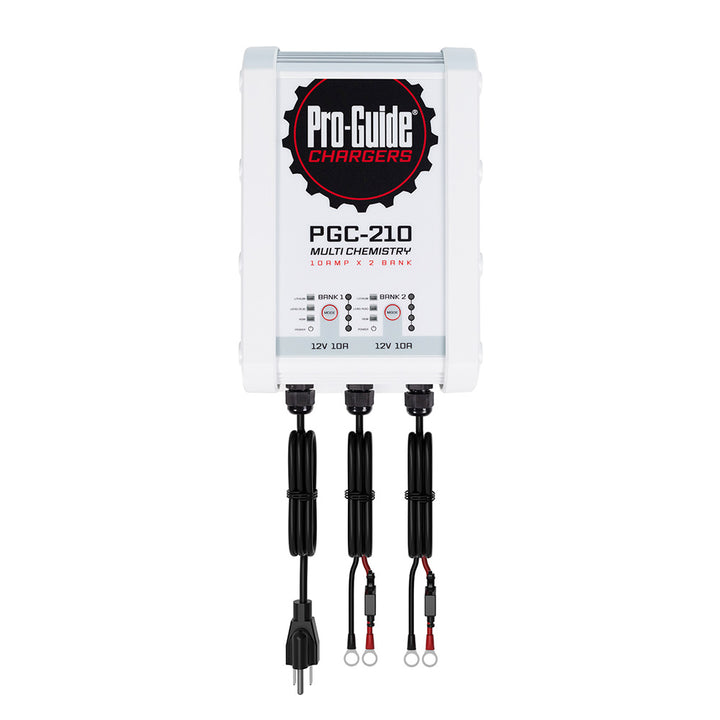 Pro-Guide Batteries 12V 10-Amp Bank On-Board Battery Charger, showing the compact charger device with connection cables.