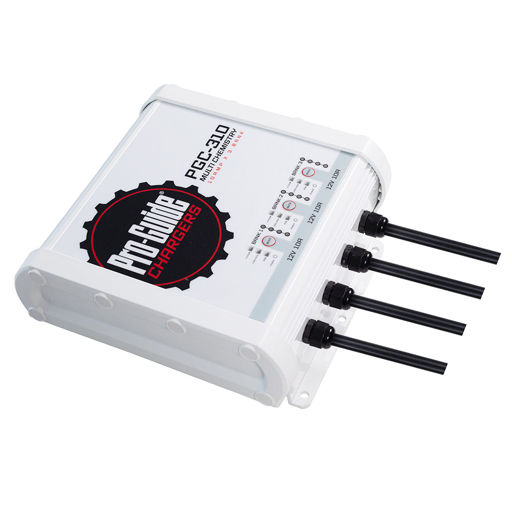 Pro-Guide Batteries 12V 30-Amp 3 Bank On-Board Battery Charger installed in a vehicle or boat with visible charging ports and cables.