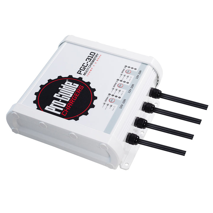 Pro-Guide Batteries 12V 30-Amp 3 Bank On-Board Battery Charger installed in a vehicle or boat with visible charging ports and cables.