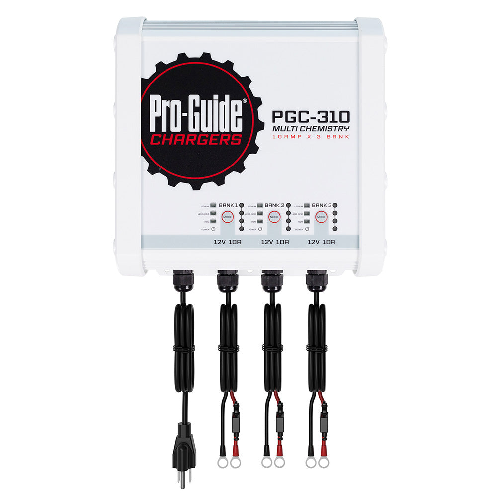 Pro-Guide Batteries 12V 30-Amp 3 Bank On-Board Battery Charger showing multiple charging ports and control panel.