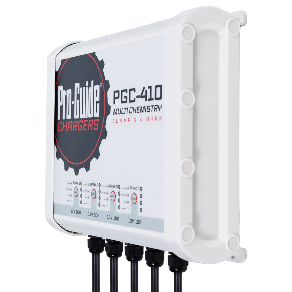 Pro-Guide Batteries 12V 40-Amp 4 Bank On-Board Battery Charger showing front view with control panel and multiple charging ports.