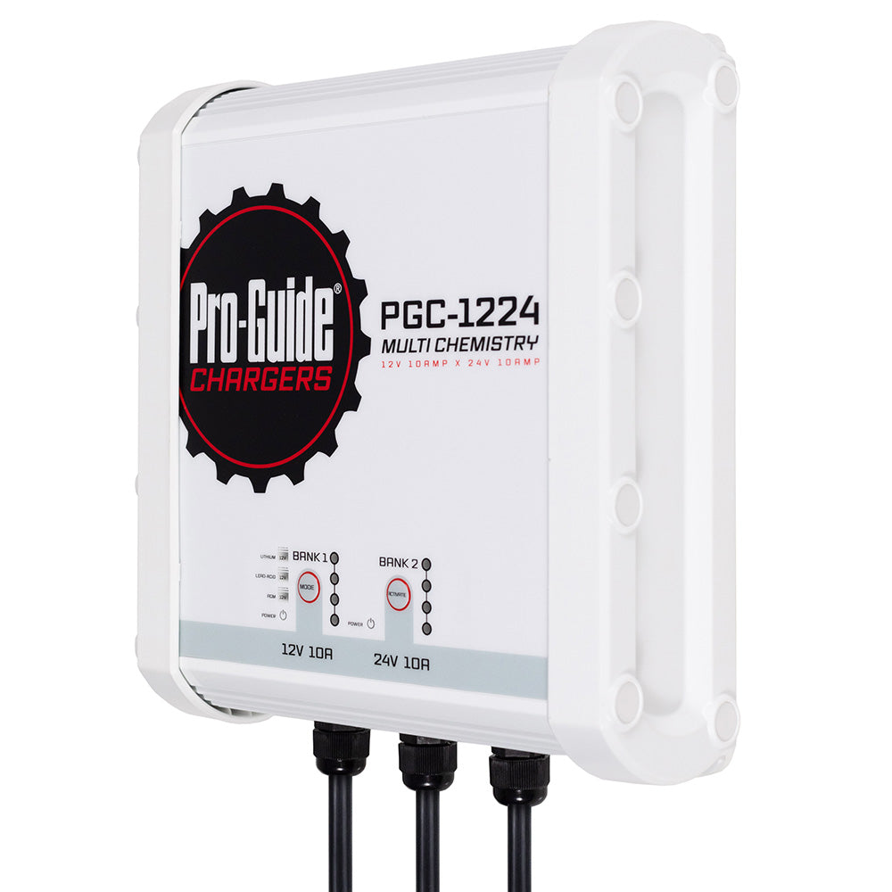 Pro-Guide Batteries 2 Bank On-Board Battery Charger with 12V and 24V ports, 20-Amp capacity, for vehicle battery charging.