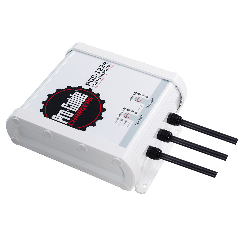 Pro-Guide Batteries 2-bank on-board battery charger with 12V and 24V options, 20-amp capacity, shown in the image.