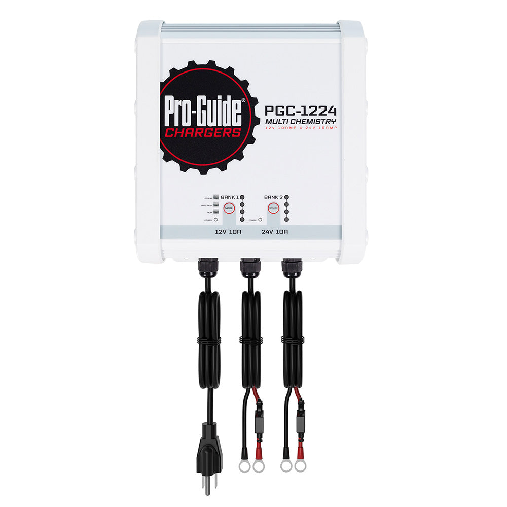 Pro-Guide Batteries 2 Bank On-Board Battery Charger showing dual charging ports for 12V and 24V batteries, 20-amp capacity.
