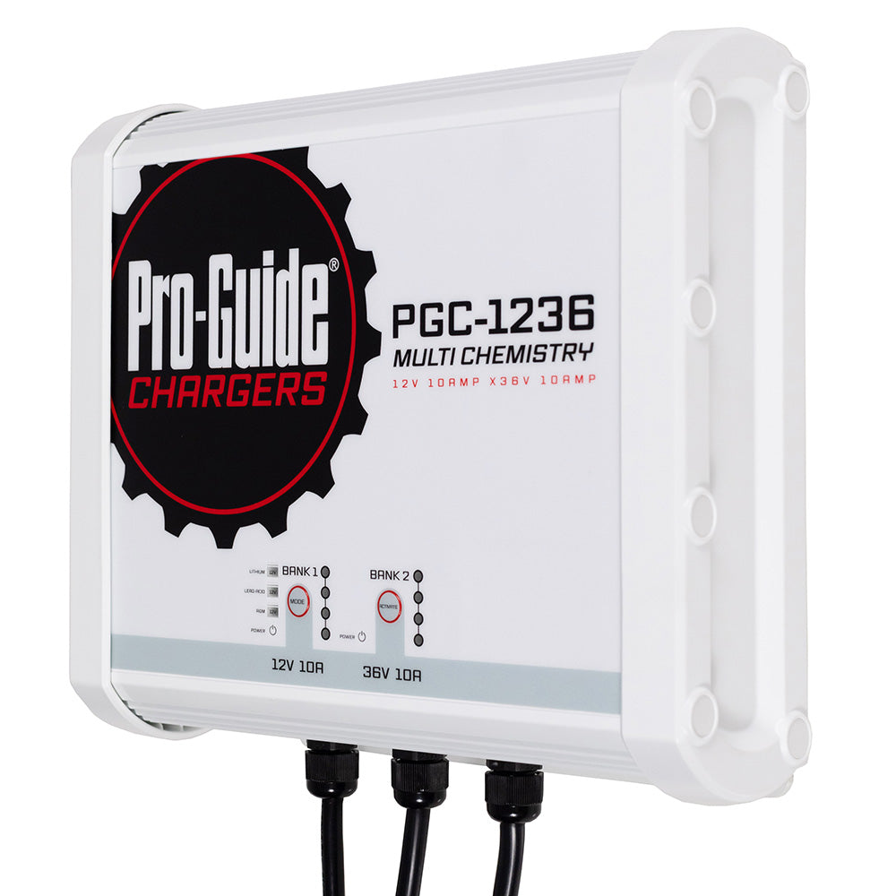 Pro-Guide Batteries 2 Bank On-Board Battery Charger showing dual charging ports for 12V and 36V batteries.