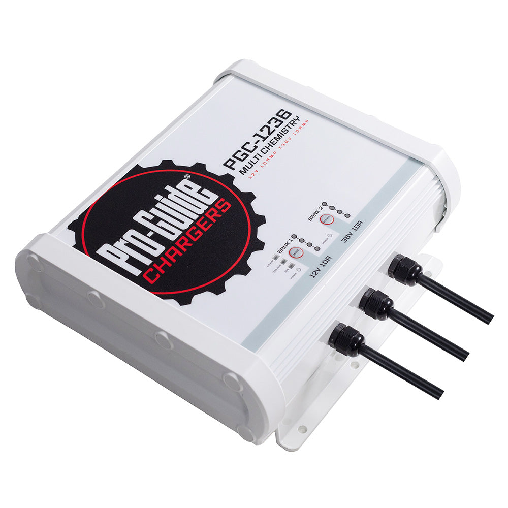 Pro-Guide Batteries 2 Bank On-Board Battery Charger displaying dual charging ports for 12V and 36V batteries with 20-amp power.