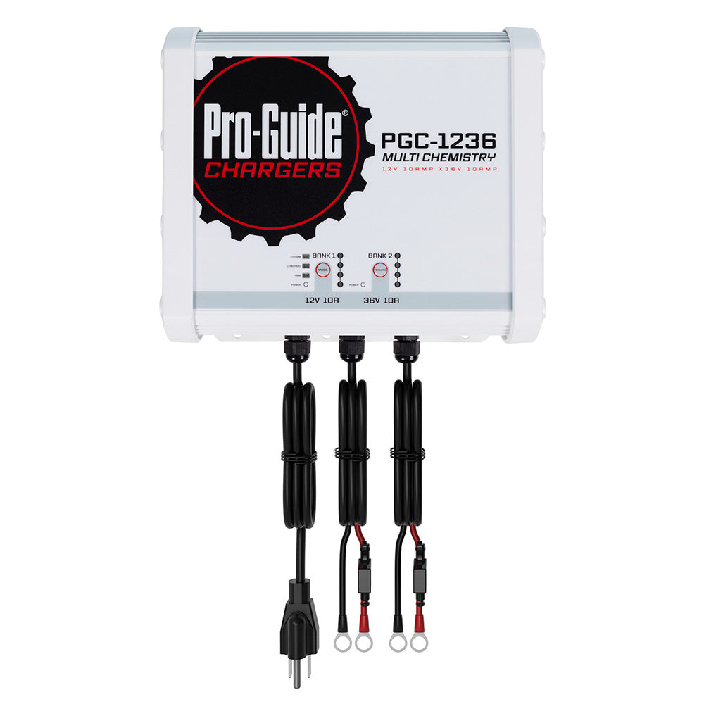 Pro-Guide Batteries 2 Bank On-Board Battery Charger showing dual charging ports for 12V and 36V batteries