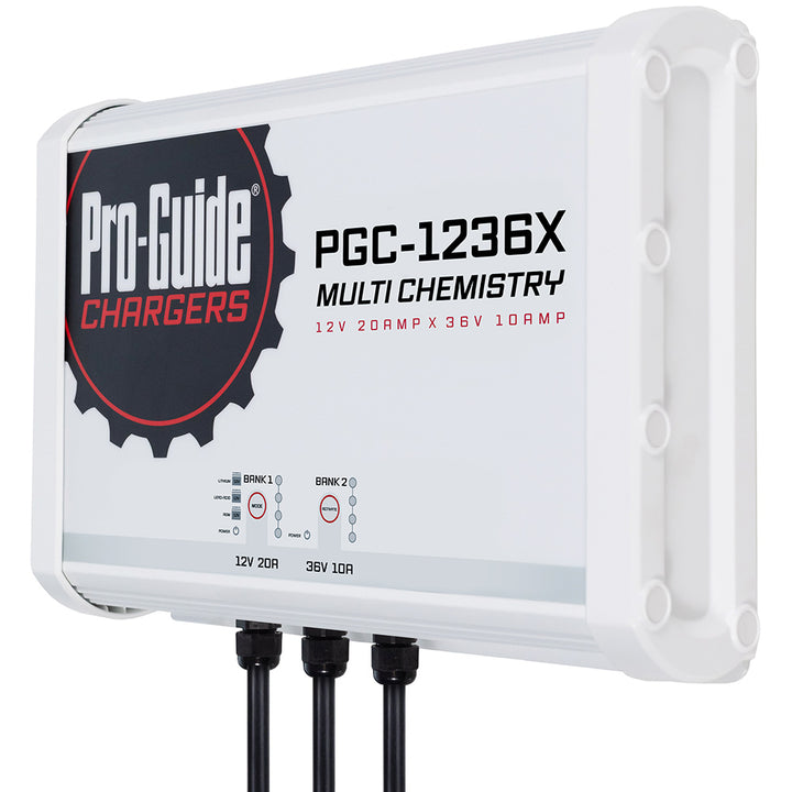 Pro-Guide Batteries 2 Bank On-Board Battery Charger showing dual ports for 12V and 36V batteries with 30-amp capacity.