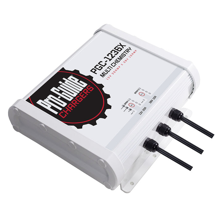 Pro-Guide Batteries 2-bank on-board battery charger for 12V and 36V batteries, 30-amp capacity, shown in the image.