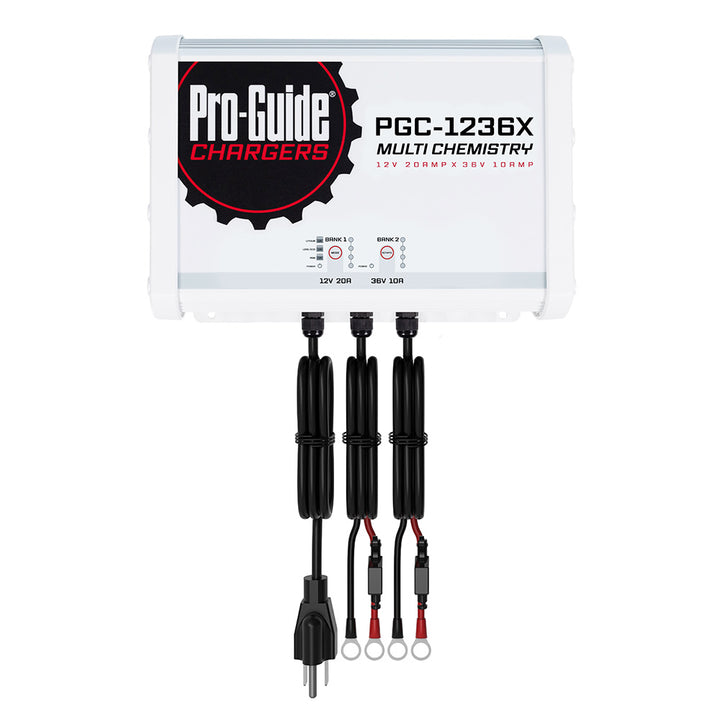 Pro-Guide Batteries Pro-Guide 2 Bank On-Board Battery Charger with 12V and 36V ports, 30-amp capacity, for vehicle batteries.