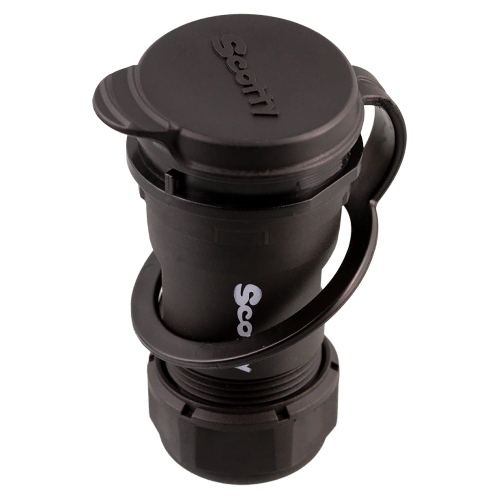 Scotty 2122 marine grade 12V socket accessory for boats, durable marine-grade electrical connection with secure fit.