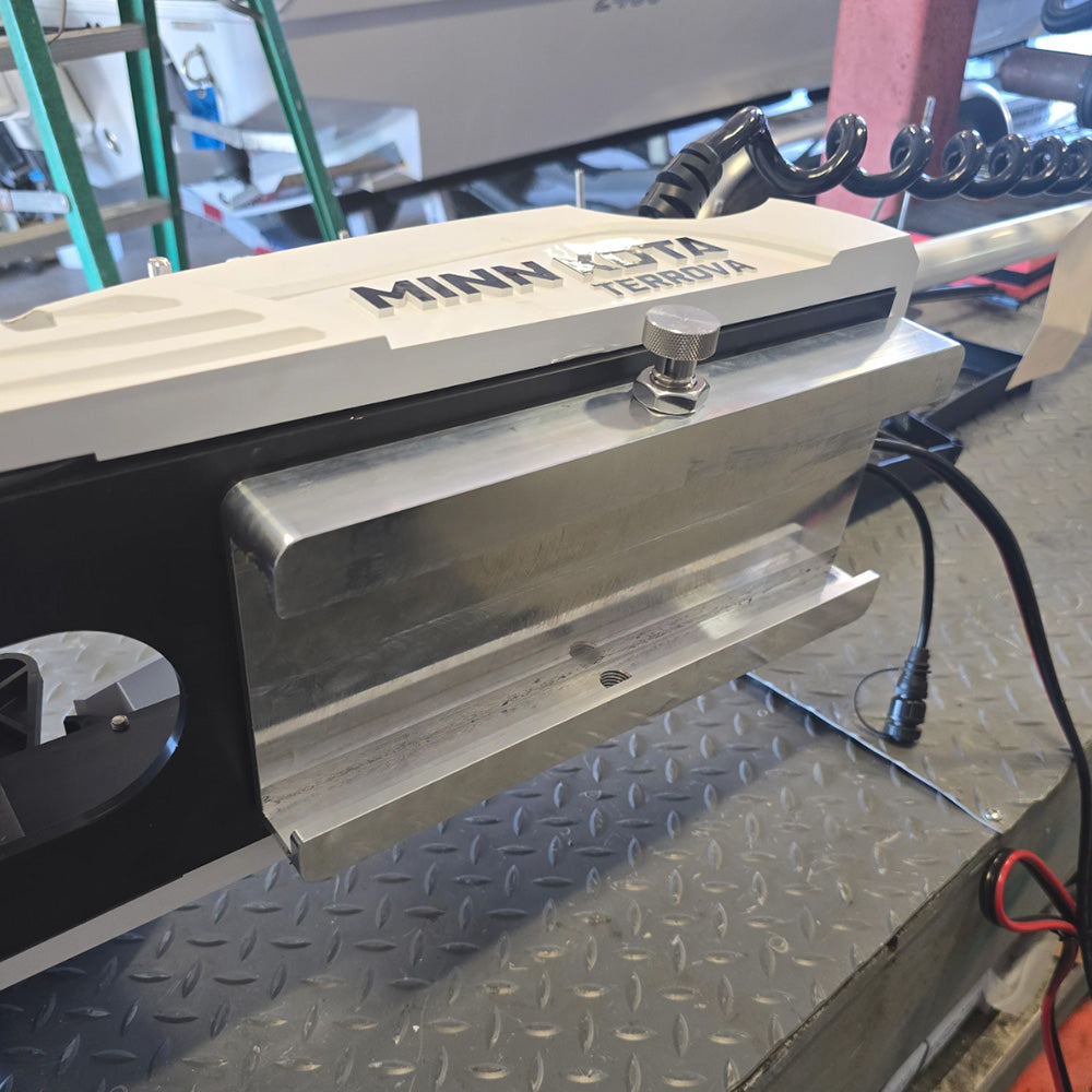 Sea Swivel Troll Track trolling motor mount attached to a boat, showcasing durable trolling motor accessories for secure installation.