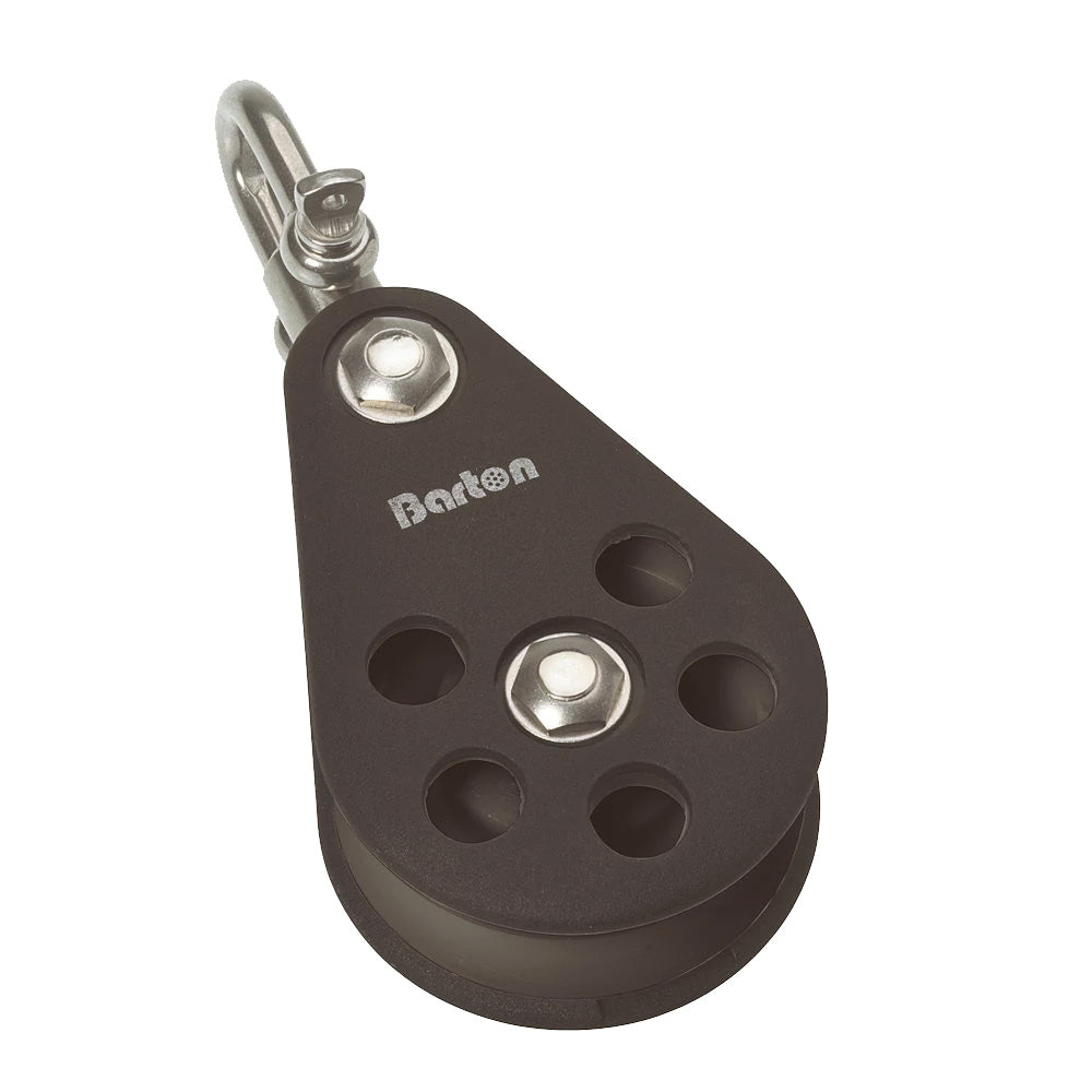 Barton Marine single swivel pulley block with 64mm size, featuring a plain bearing and durable construction for sailing applications.