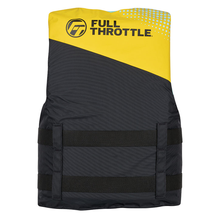 Full Throttle Teen Nylon Life Jacket in yellow and black, designed for safety and comfort, shown on a model.
