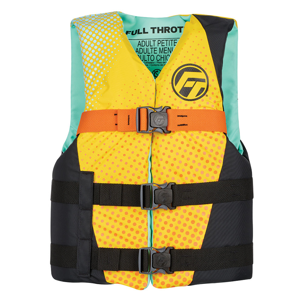 Full Throttle Teen nylon life vest in yellow and black, designed for safety on the water with adjustable straps and buoyant foam.