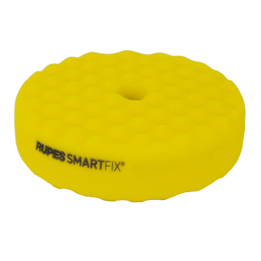 RUPES SMARTFIX double-sided yellow foam polishing pad, 180mm, used for car cleaning and polishing tasks.