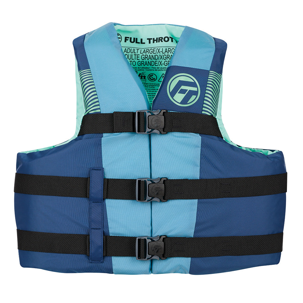 Blue and black Full Throttle youth nylon life jacket with adjustable straps and flotation panels, designed for safety and comfort.