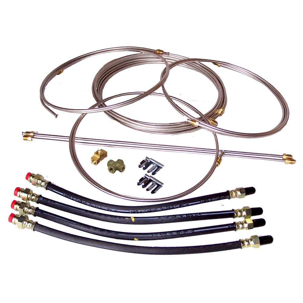 Load Rite stainless steel brake line kit for tandem trailer, featuring durable fittings and tubing for trailer braking systems.