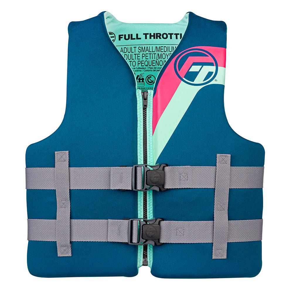 Full Throttle adult rapid-dry life jacket in size L/XL, aqua color, showing the buoyant design and adjustable straps.
