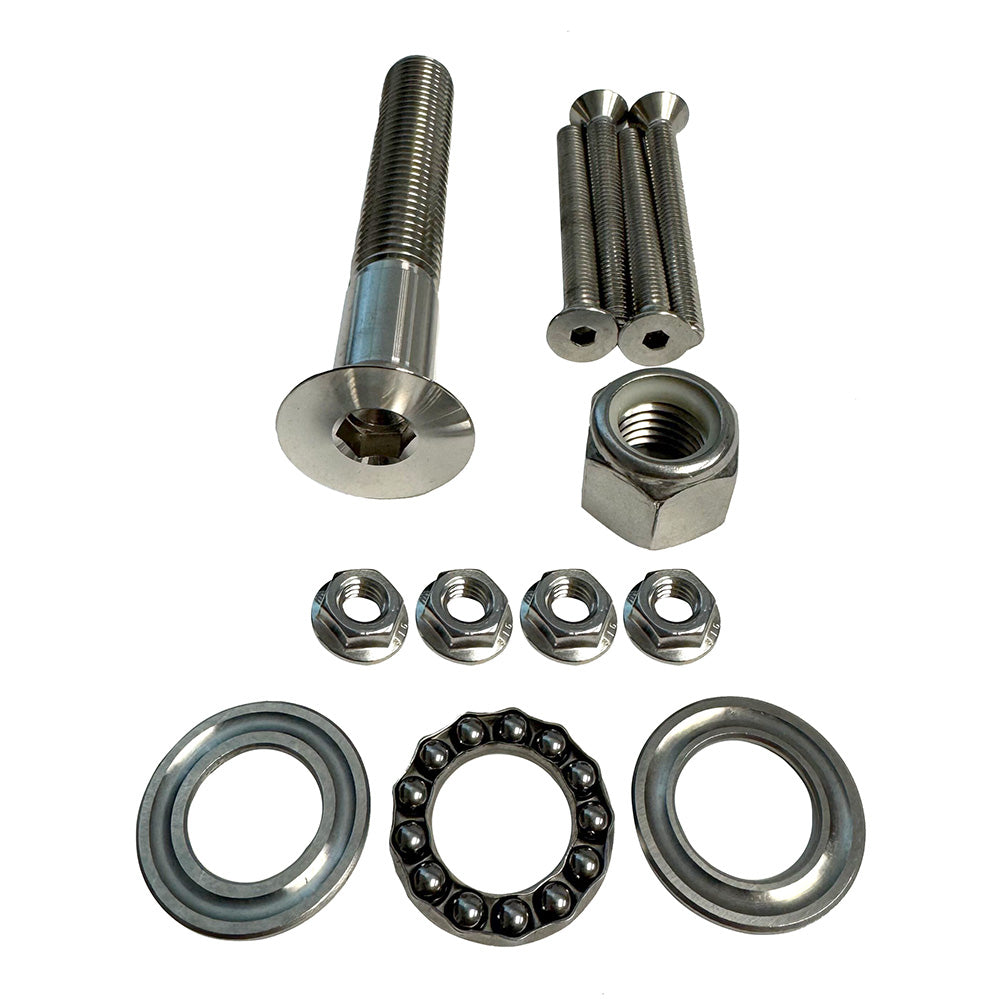 Sea Swivel replacement mount hardware kit with 5-inch bolt, nut, bearing, and four-bolt package for trolling motor mounting.