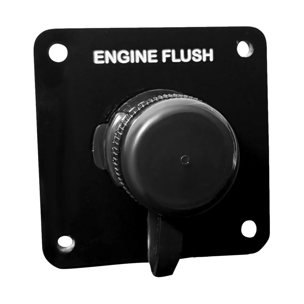 Black acrylic Flushmaster vertical single outlet flush port reroute with 3/8" barb fitting, designed for flush kits.