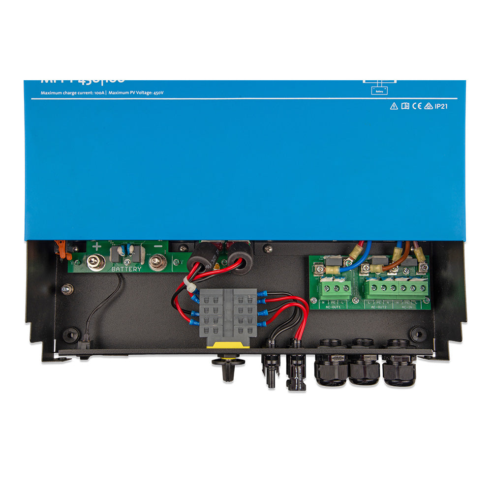 Victron Energy Multi RS Solar 48/6000 inverter/charger displaying battery management features and control interface.