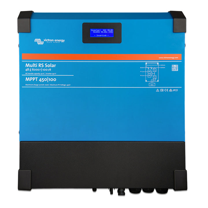Victron Energy Multi RS Solar 48/6000 inverter/charger displaying battery management interface and digital controls.