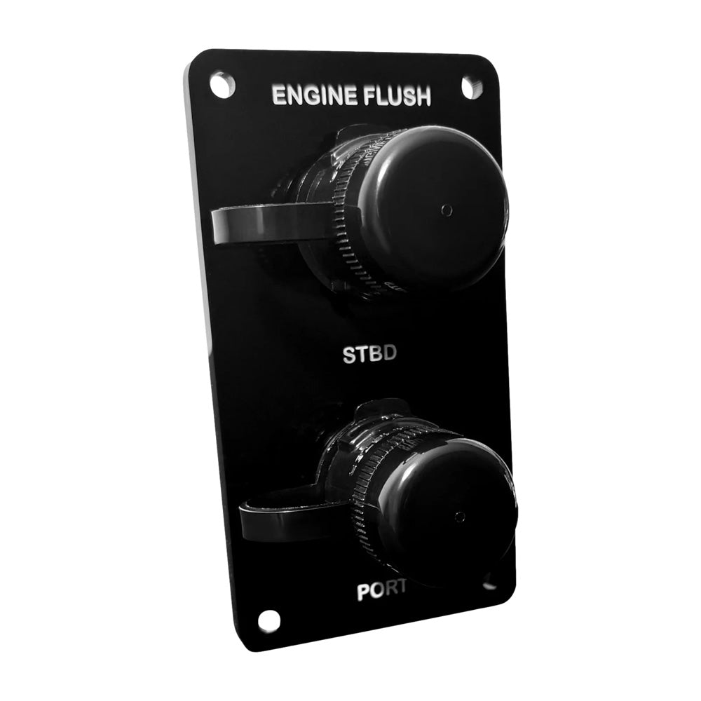 Black acrylic Flushmaster vertical dual outlet flush port reroute with 3/8" barb for flush kits, shown in image 113794XL.