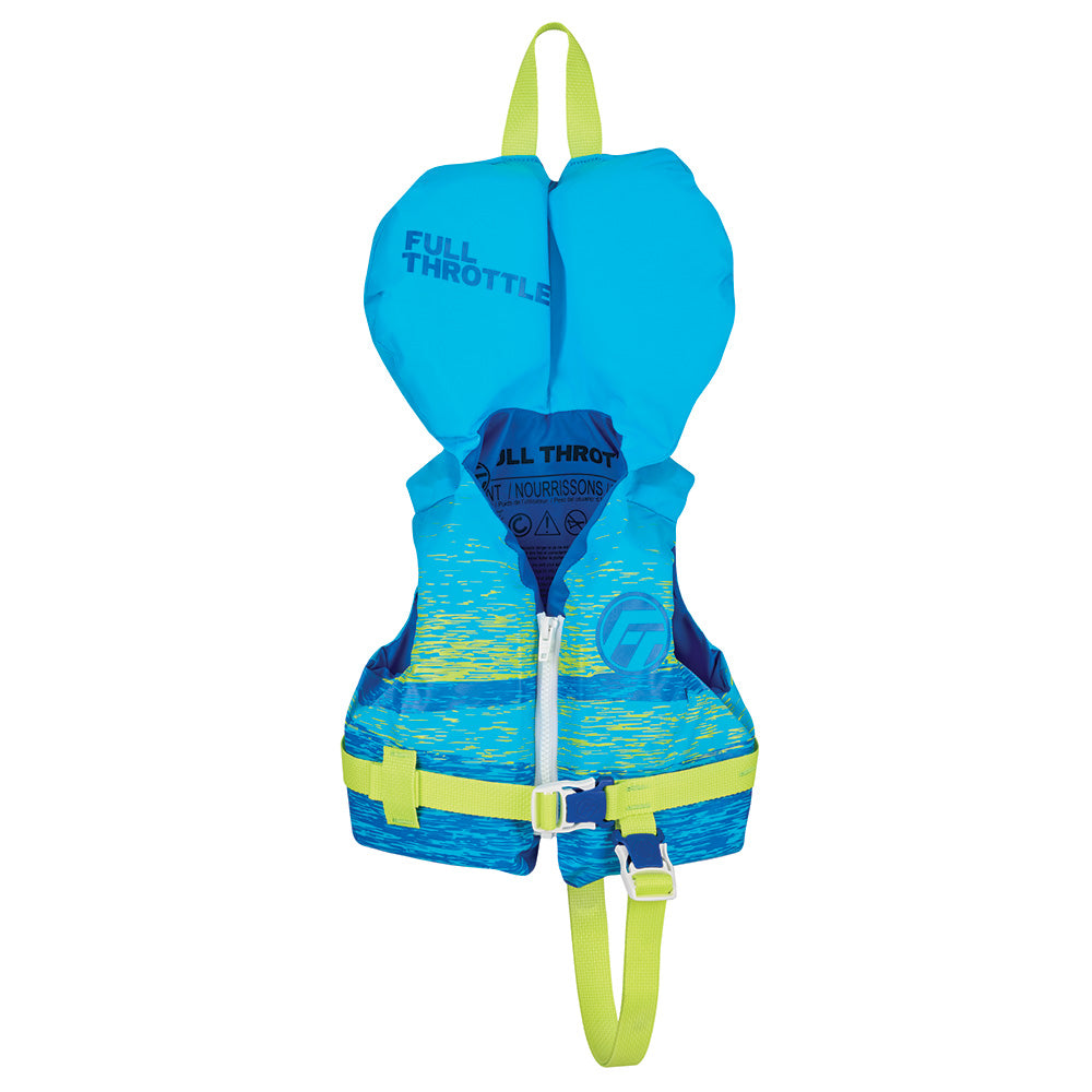 Full Throttle infant nylon life jacket in aqua and neon green with adjustable straps and safety buckles.
