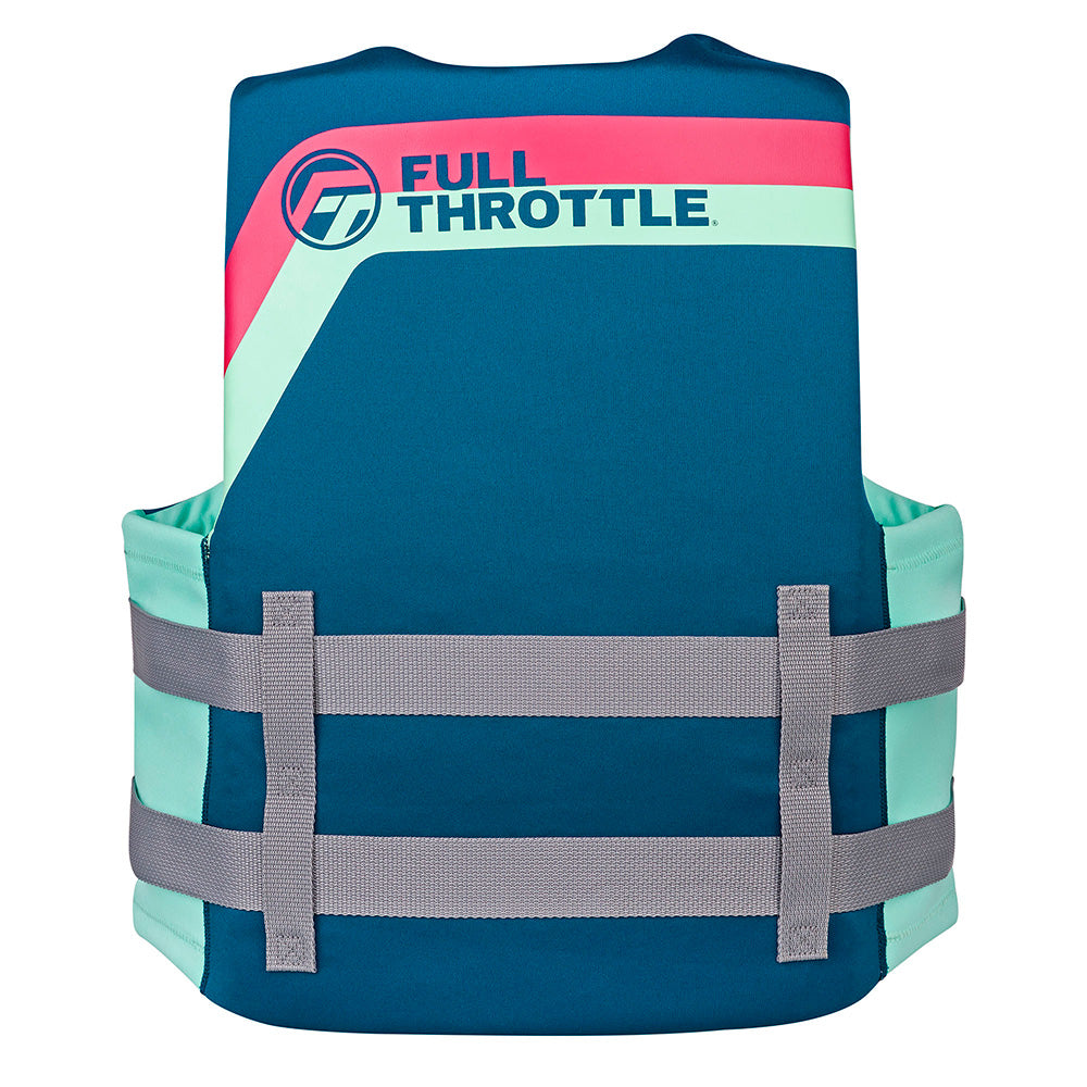 Full Throttle adult rapid-dry life jacket in aqua, S/M size, with adjustable straps and foam padding for safety and comfort.