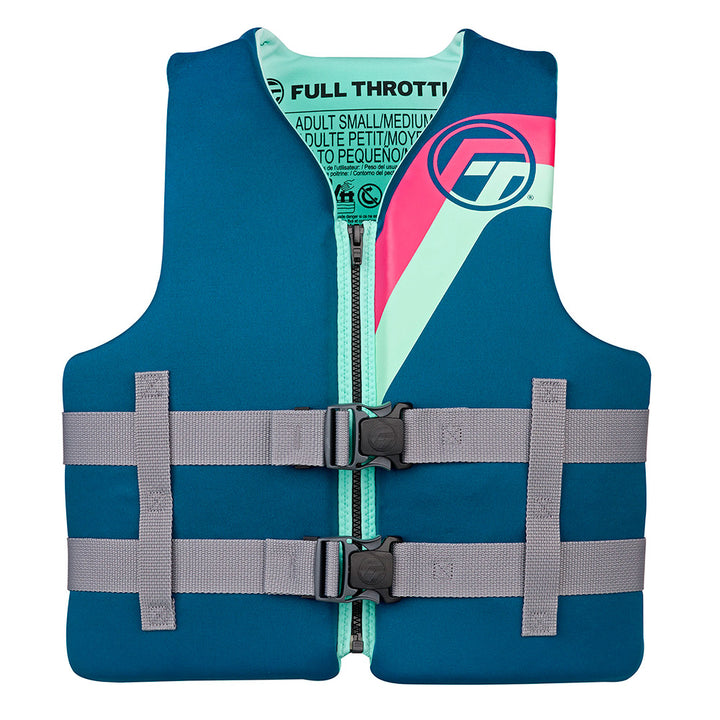 Full Throttle adult rapid-dry life jacket in aqua, S/M size, designed for water safety and comfort.
