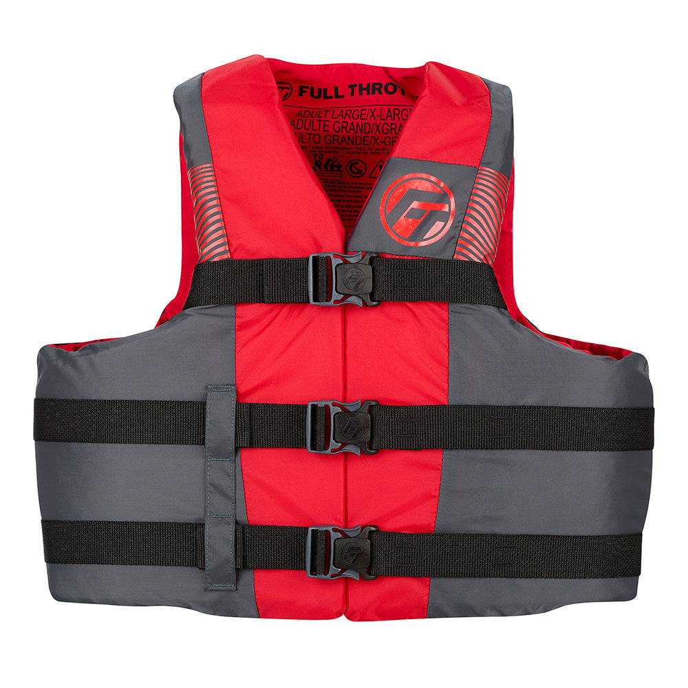 Full Throttle adult nylon life jacket in black and red, S/M size, featuring adjustable straps and buoyant design for safety.