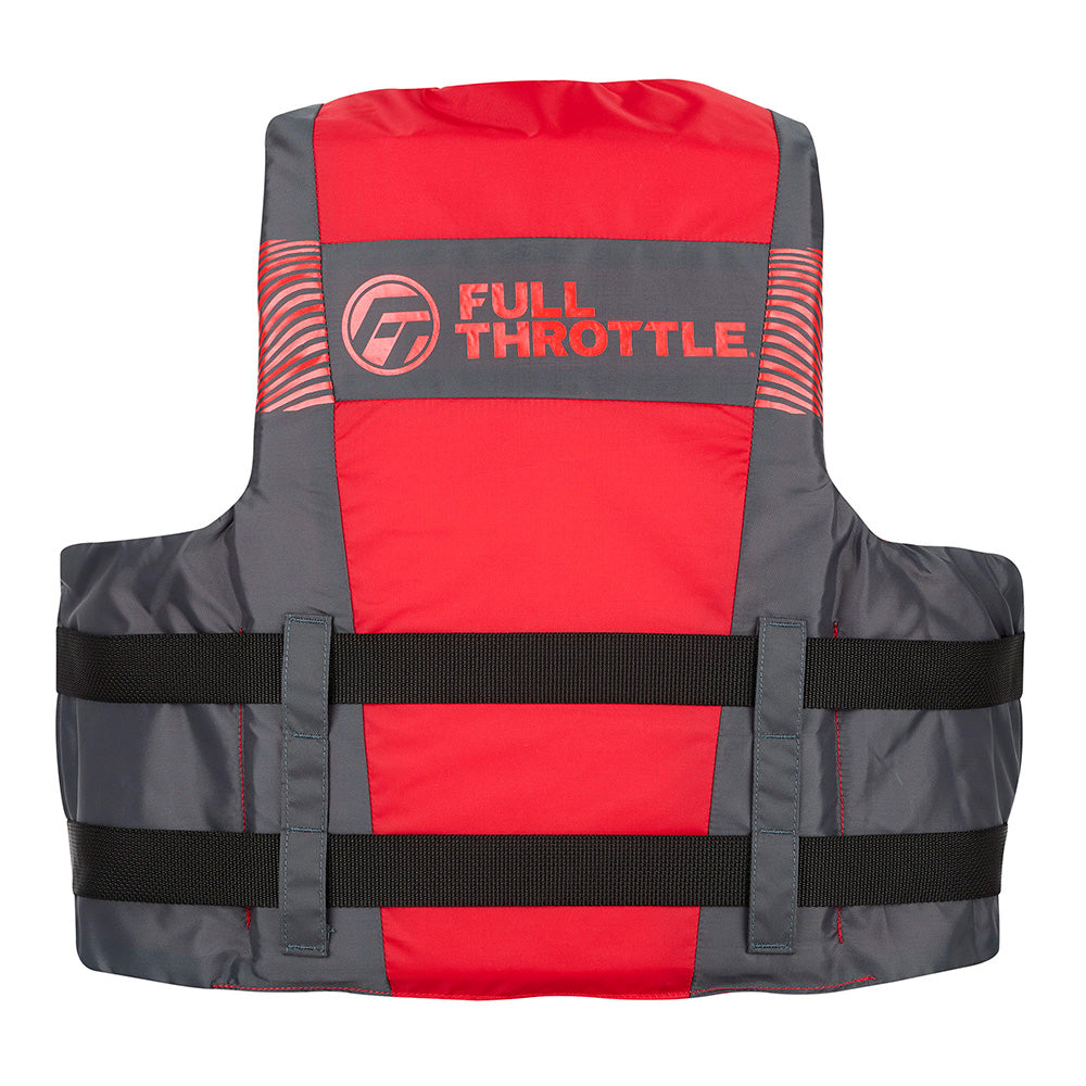 Full Throttle adult nylon life jacket in black and red, size L/XL, designed for safety and buoyancy on the water.