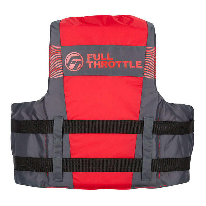 Full Throttle adult nylon life jacket in black and red, size L/XL, designed for safety and buoyancy on the water.