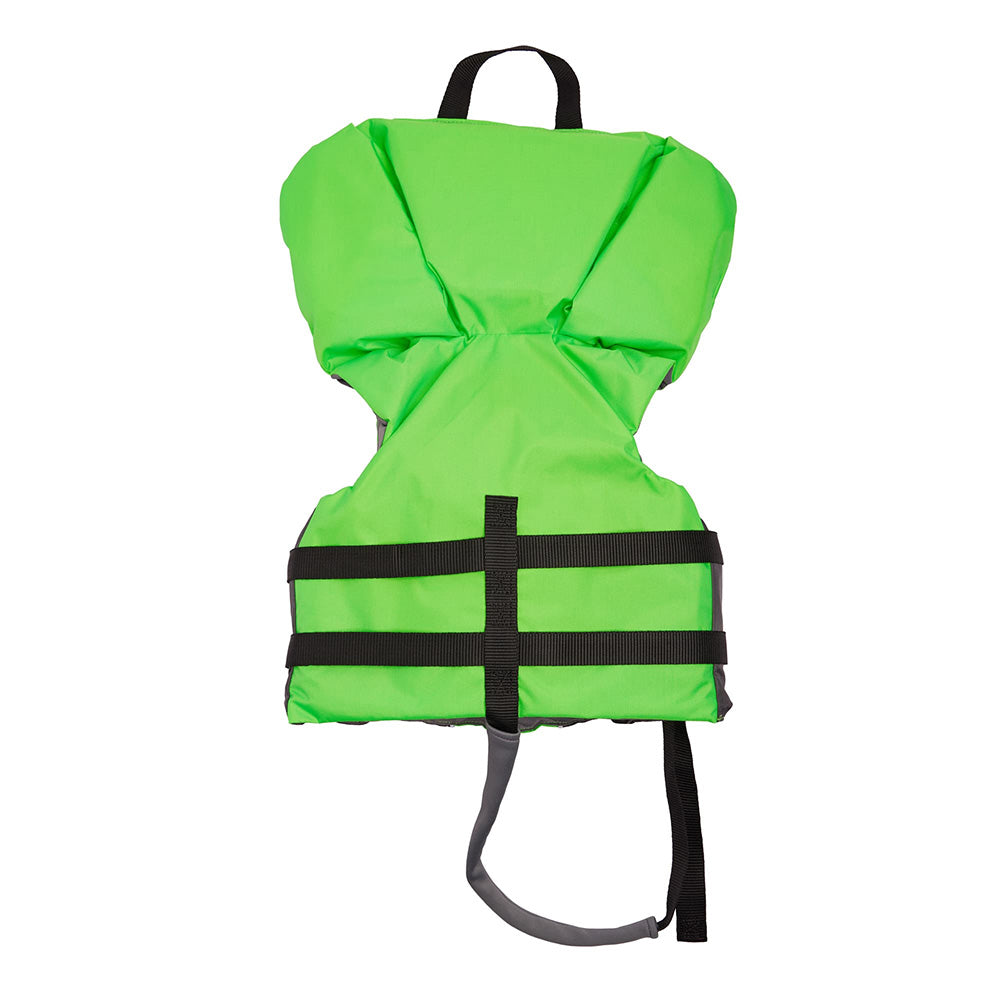 Green Stearns Heads Up Type II child life jacket for kids 30-50lbs, featuring adjustable straps and safety design.