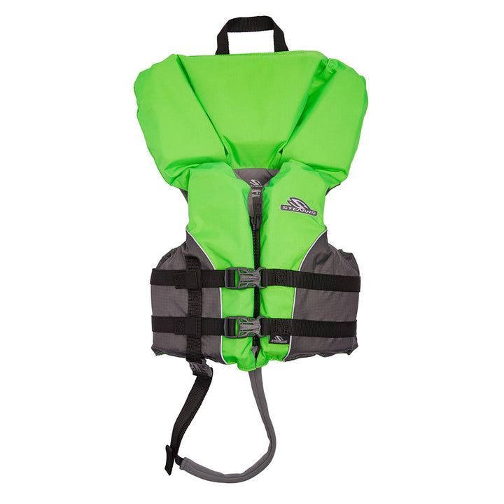 Green Stearns Heads Up Type II child life jacket for kids 30-50lbs, featuring adjustable straps and safety features.