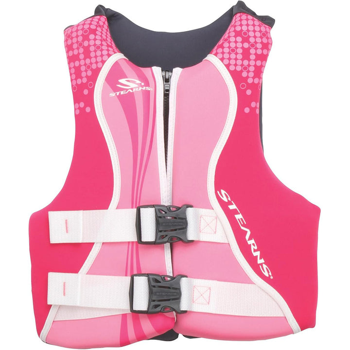 Stearns youth Hydroprene life vest in pink and hot pink, Type III, for children 50-90 lbs, with adjustable straps and secure fit.