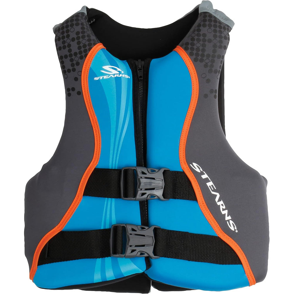 Stearns youth Hydroprene Type III life vest in blue and grey for children weighing 50-90 pounds, suitable for water safety.