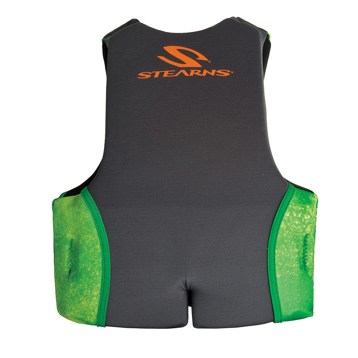 Green Stearns youth Hydroprene Type III life vest for 50-90 lbs, designed for safety and comfort in water activities.