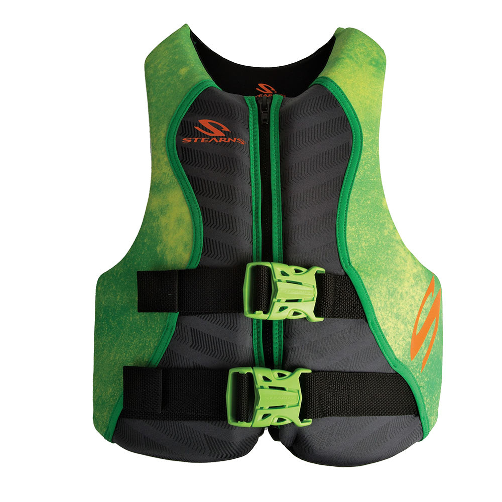 Green Stearns Youth Hydroprene Life Vest Type III for kids 50-90 lbs, featuring adjustable straps and lightweight flotation material.