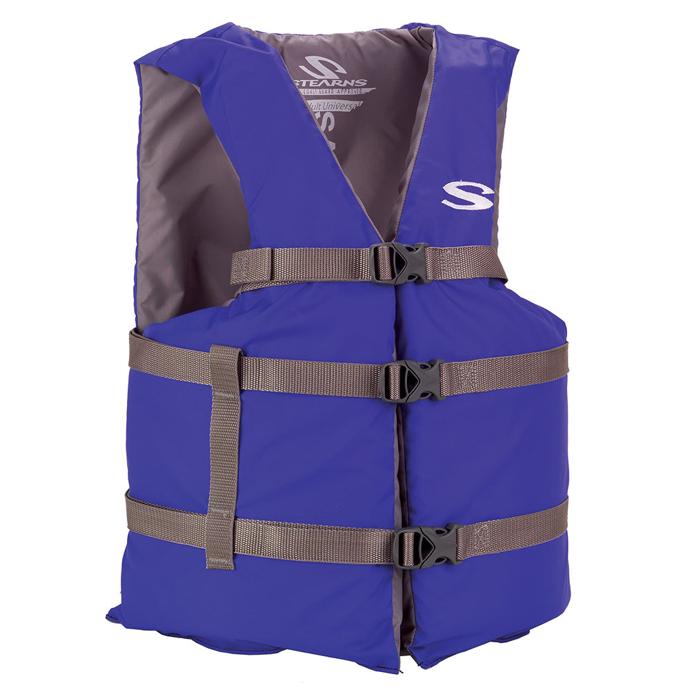 Blue Stearns adult life vest, USCG approved Type III PFD, oversized fit, designed for safety and comfort on the water.
