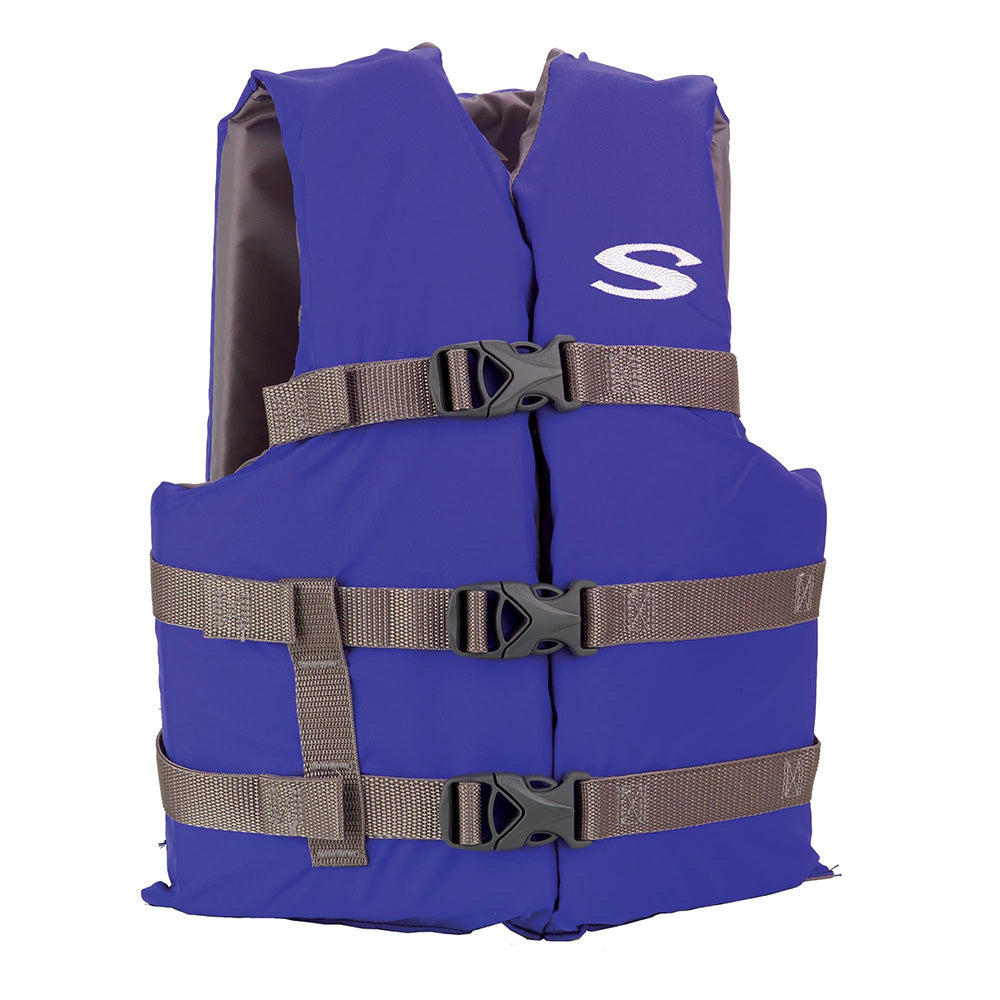 Blue Stearns adult life vest, USCG approved Type III PFD, standard fit, shown in a natural profile view.