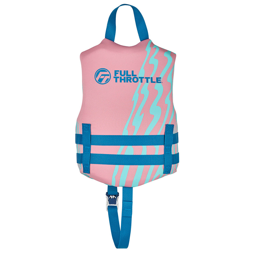 Full Throttle pink child life vest with rapid dry material, featuring adjustable straps and buoyant design for safety and comfort.