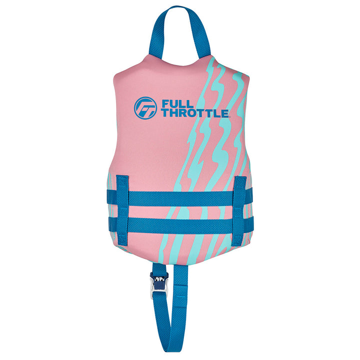 Full Throttle pink child life vest with rapid dry material, featuring adjustable straps and buoyant design for safety and comfort.