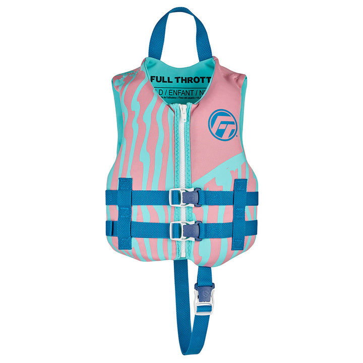 Pink Full Throttle child rapid dry life jacket with adjustable straps and safety buckles, designed for water safety and comfort.