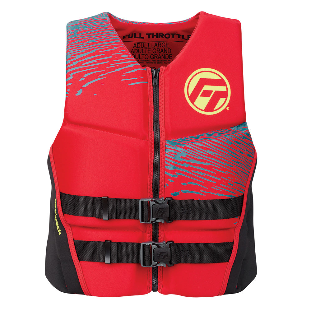 Full Throttle men's Rapid-Dry flex-back life jacket in red and black, size large, with adjustable straps and buoyant design.