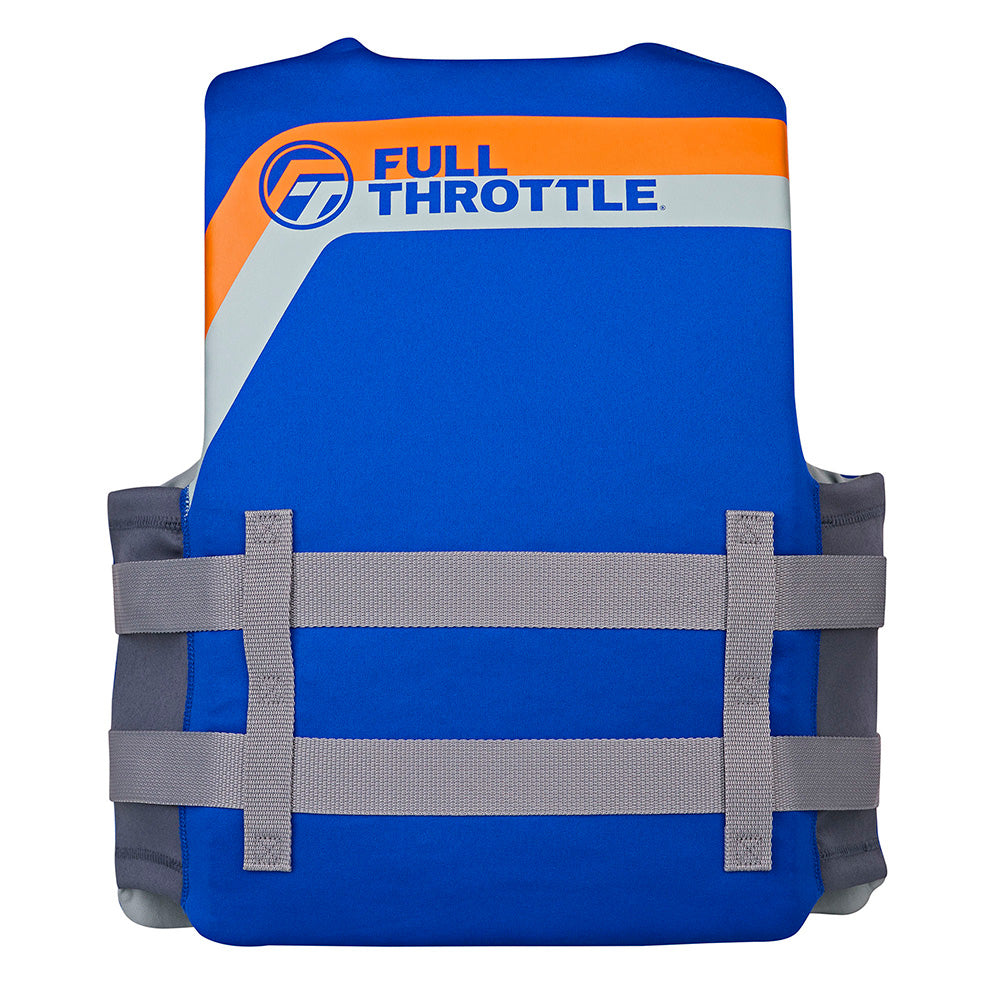 Full Throttle adult rapid-dry blue life vest, S/M size, lightweight and secure for boating or water activities.