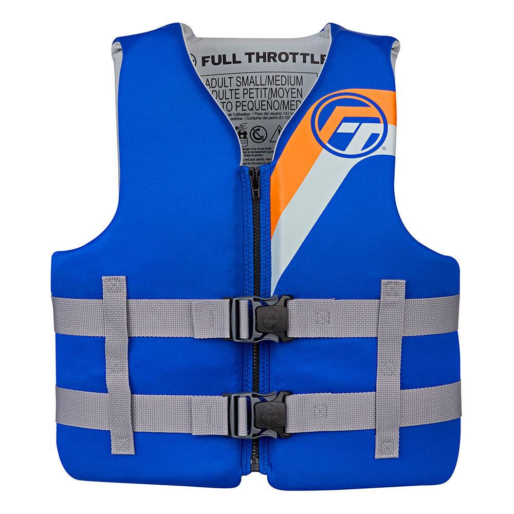 Full Throttle adult rapid-dry blue life jacket in size S/M, featuring adjustable straps and buoyant design for water safety.